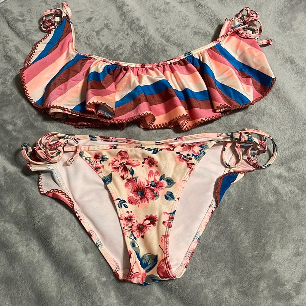 No Boundaries Floral and Strips Ruffle two piece